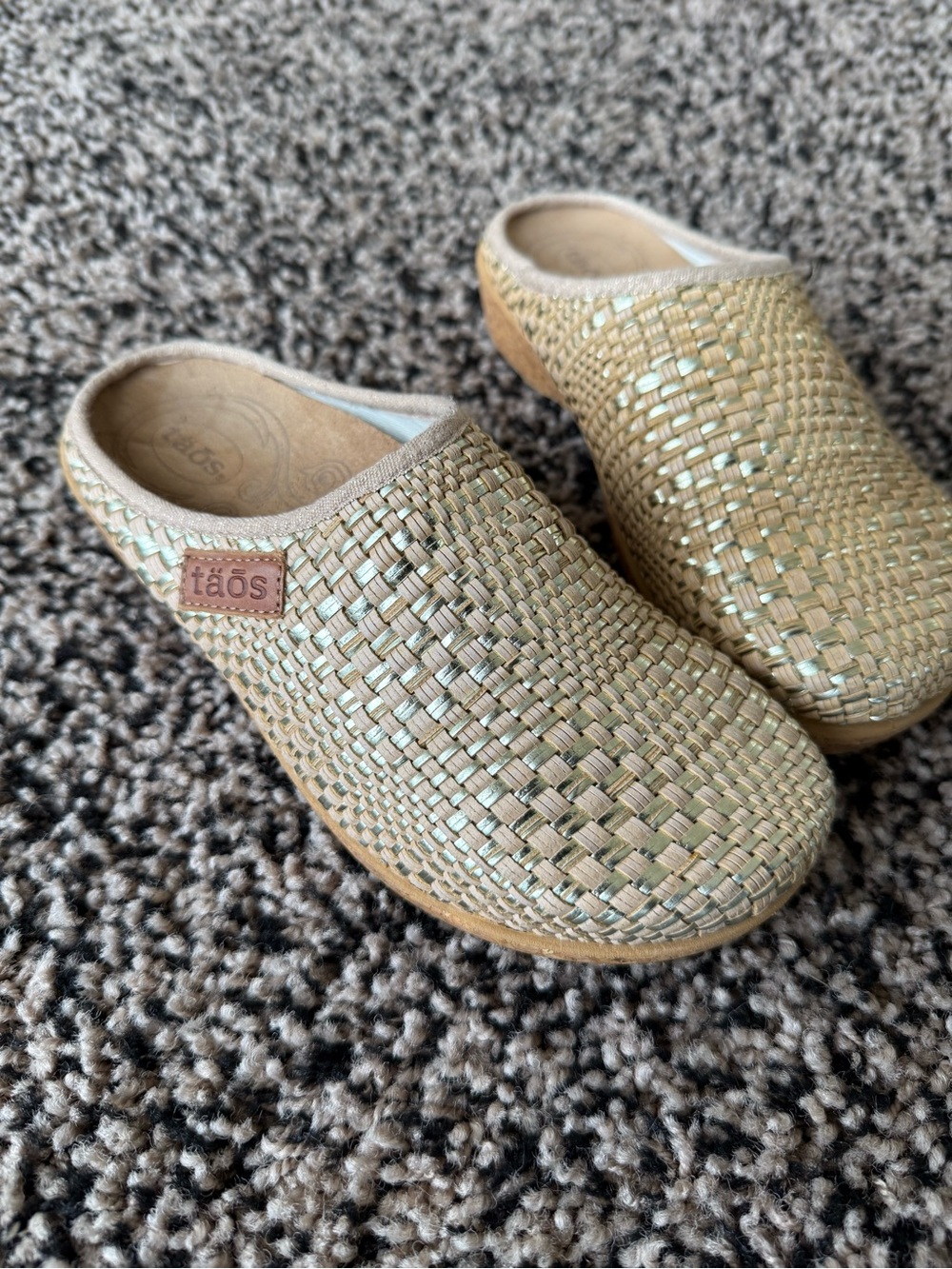 Taos Footwear Woven Metallic Beige Green Mules